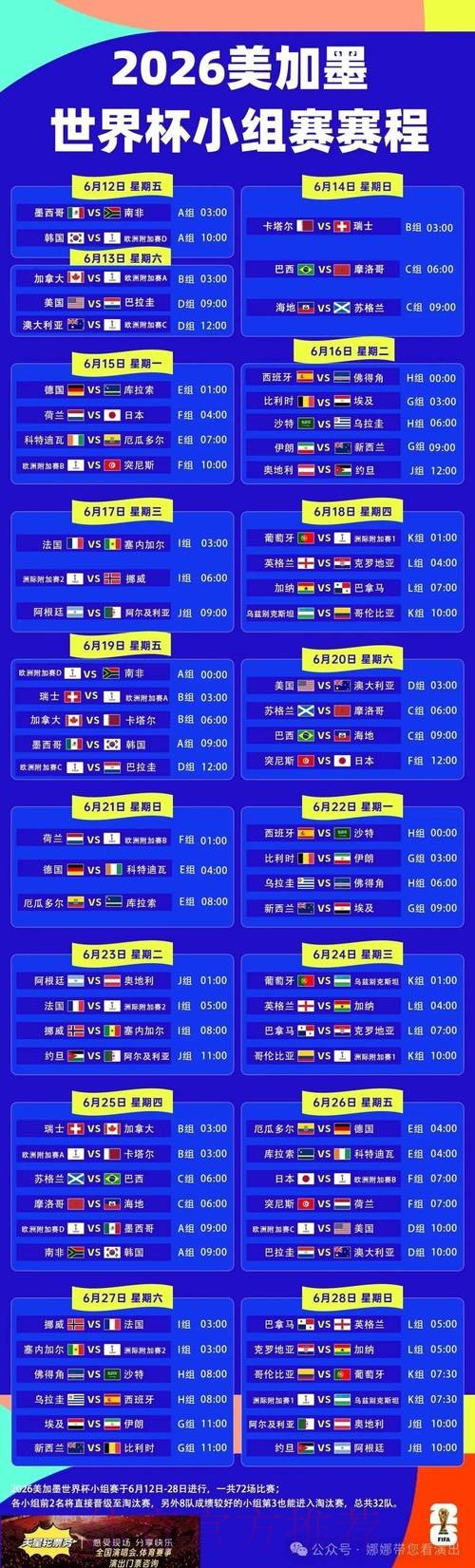 2026世界杯每日赛程中国时间最新时间表直播平台